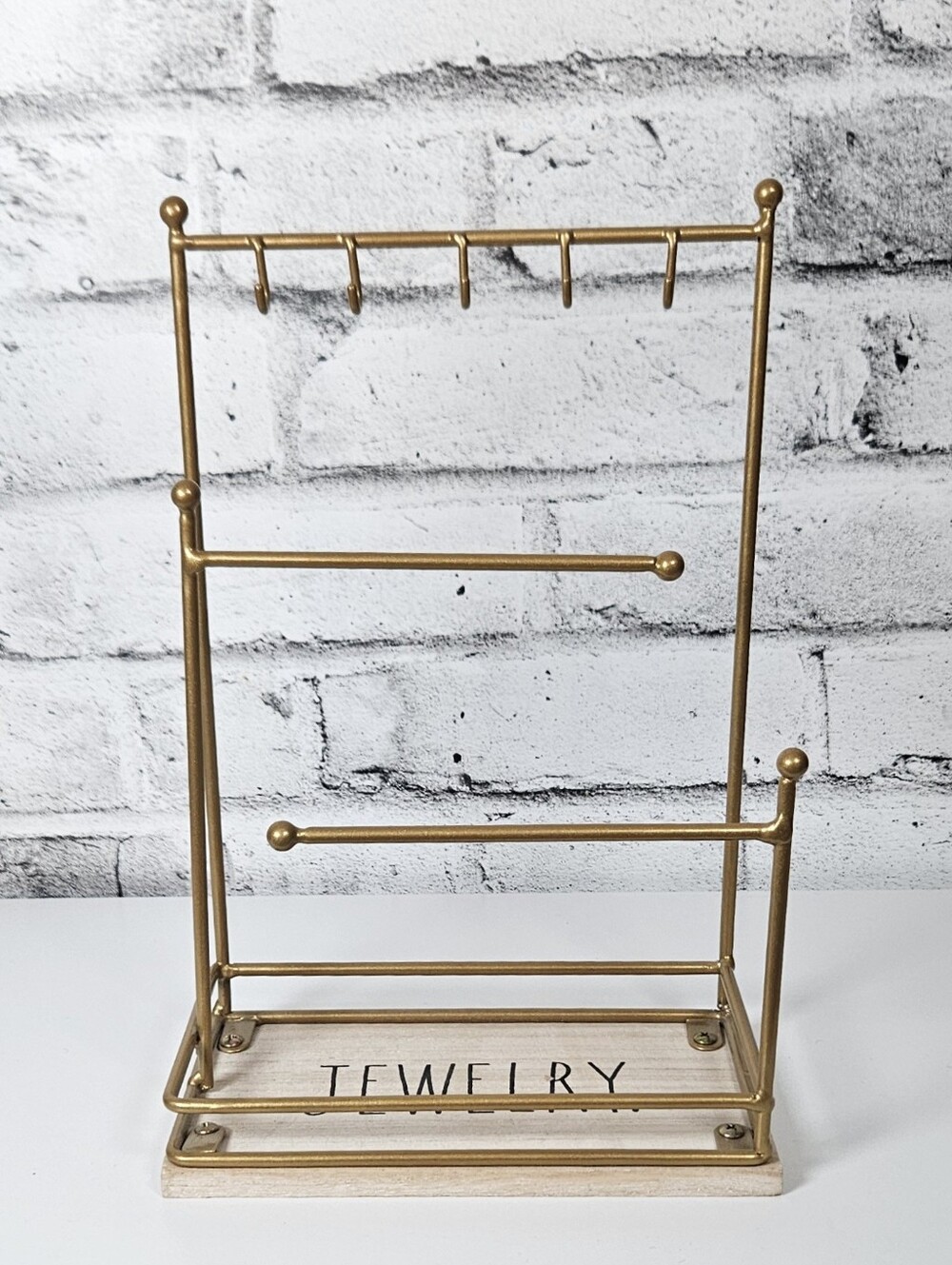 Rae Dunn Gold Tone Jewelry Organizer Stand Wood Base Necklace Earring Holder